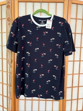 NWT M Free Planet Navy With Flamingo & Palm Tree Repeating Design Ringer Tee